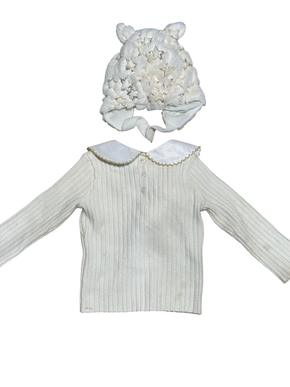 Petite Maison Kids Cream Angora Baby Sweater with Mink Pom poms hat set 12 month